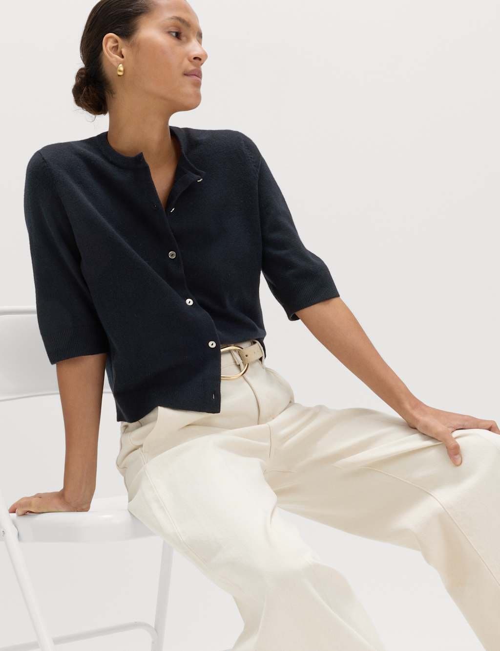 Marks & Spencer M&S Air-Yarn Button Front Short Sleeve Cropped Cardigan Midnight Navy