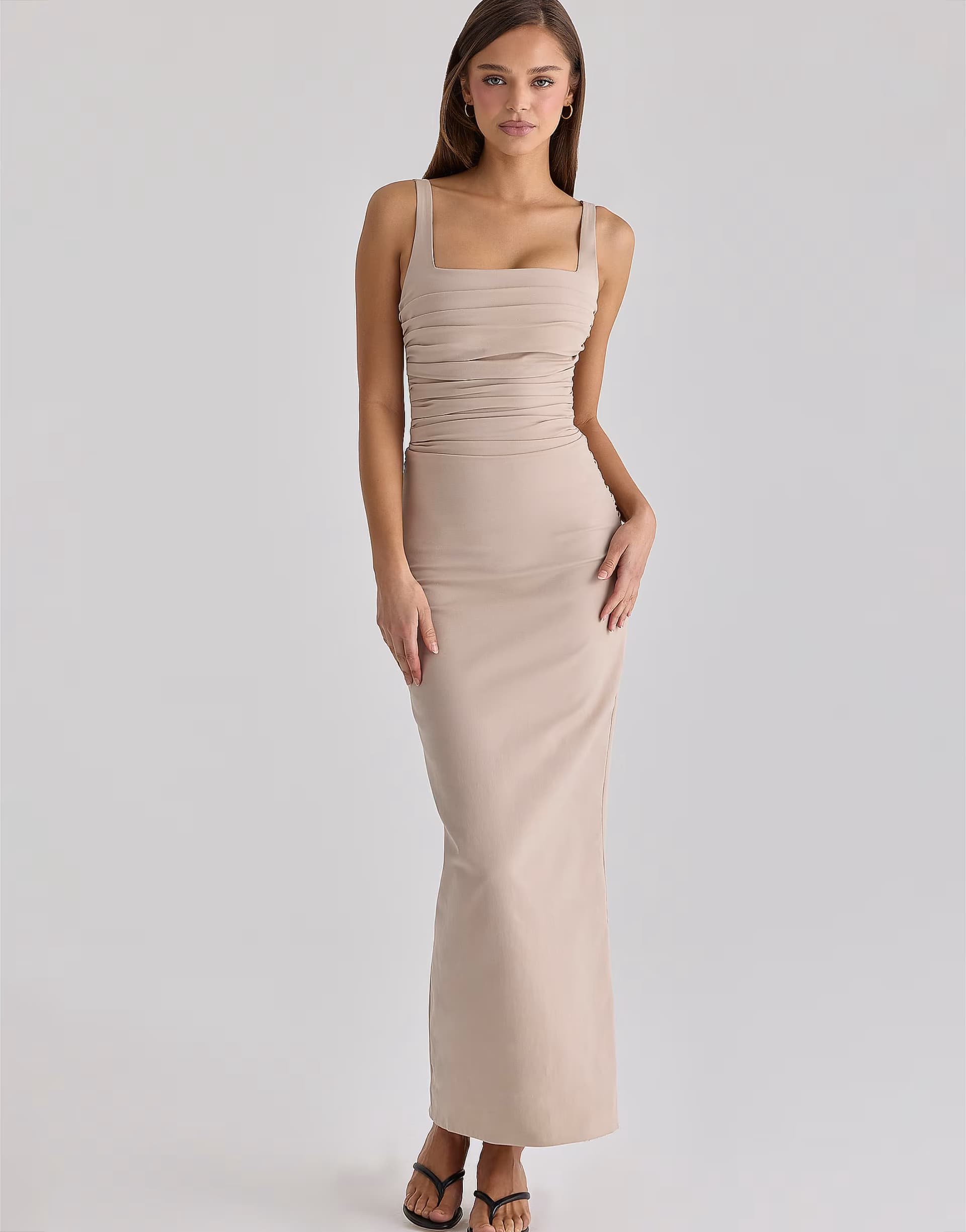 ASOS House of CB Calandra taupe stretch crepe ruched maxi dress in taupe