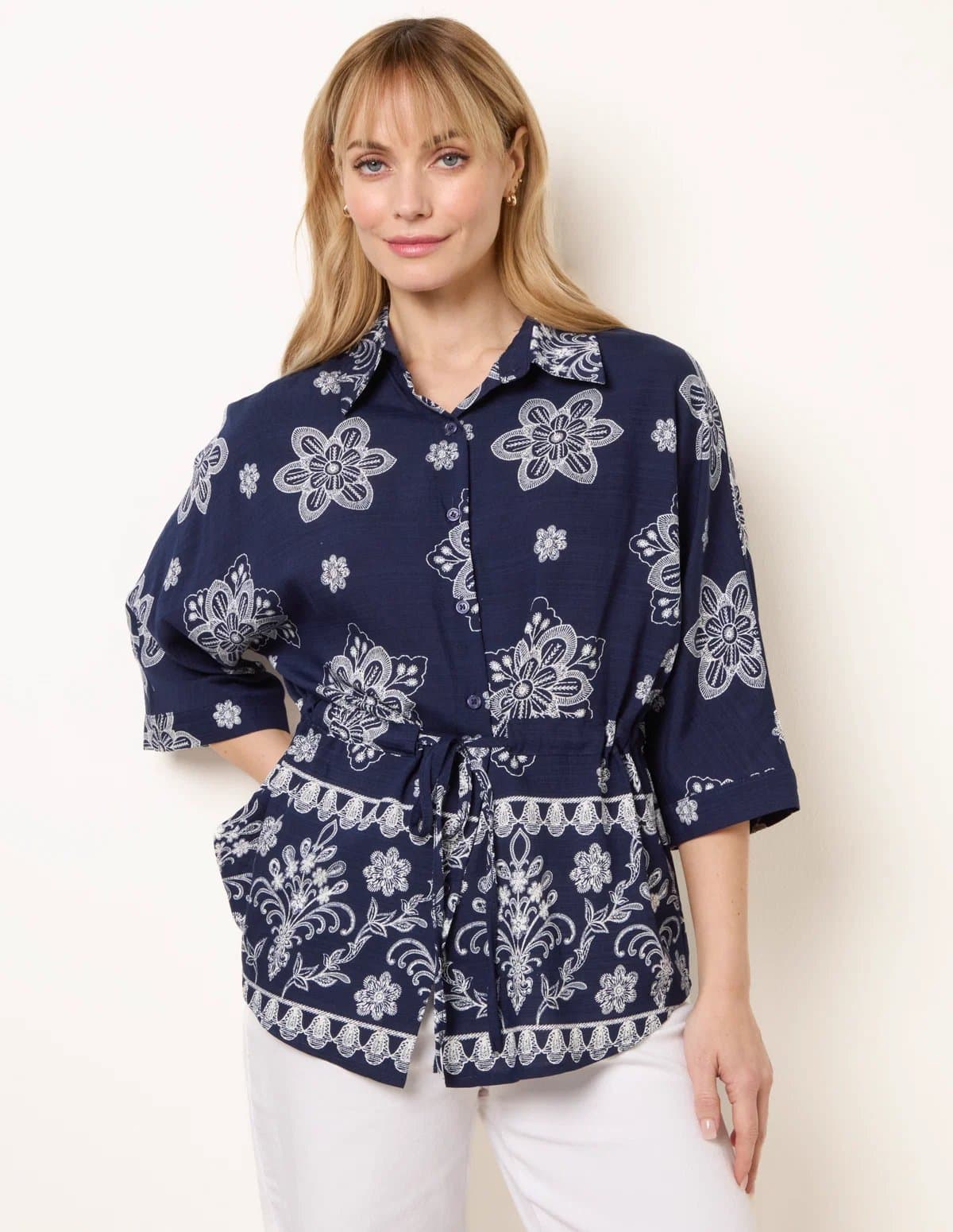 Blue Vanilla Floral 3/4 Sleeve Tie Waist Shirt