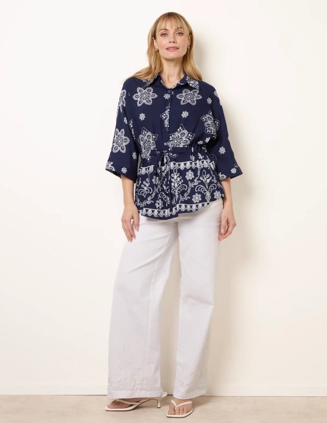 Blue Vanilla Floral 3/4 Sleeve Tie Waist Shirt - 2