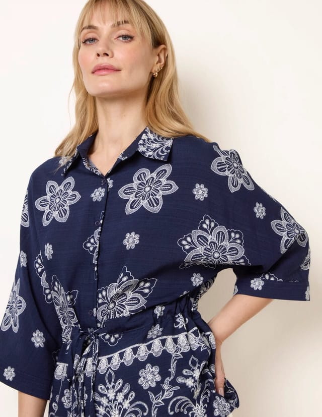 Blue Vanilla Floral 3/4 Sleeve Tie Waist Shirt - 3