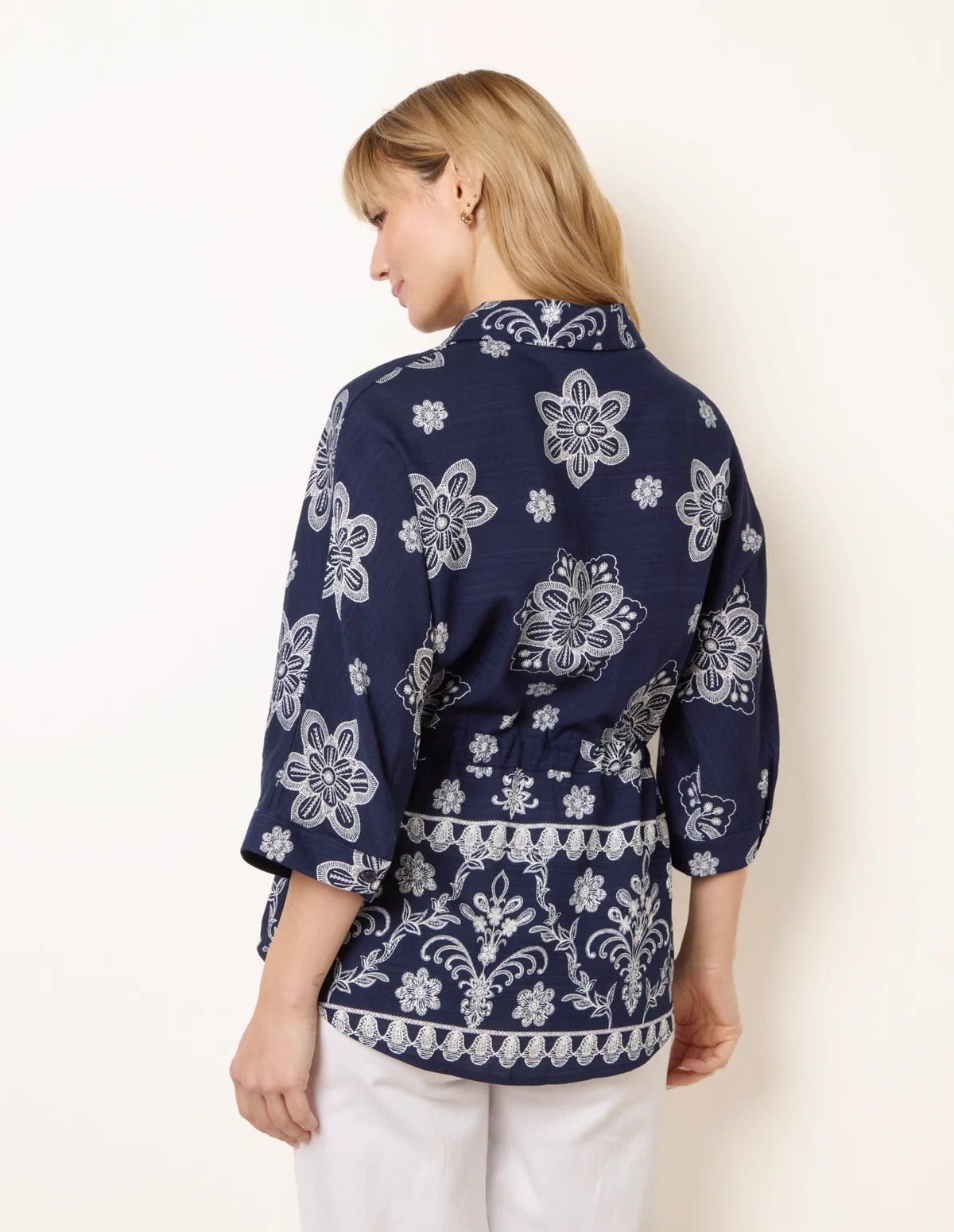 Blue Vanilla Floral 3/4 Sleeve Tie Waist Shirt - 4