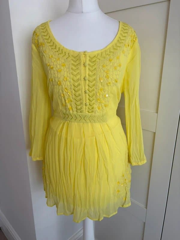 Per Una Per Una Yellow Embellished Chiffon Tunic Blouse Top UK 12 Boho Floral Sequin Festival