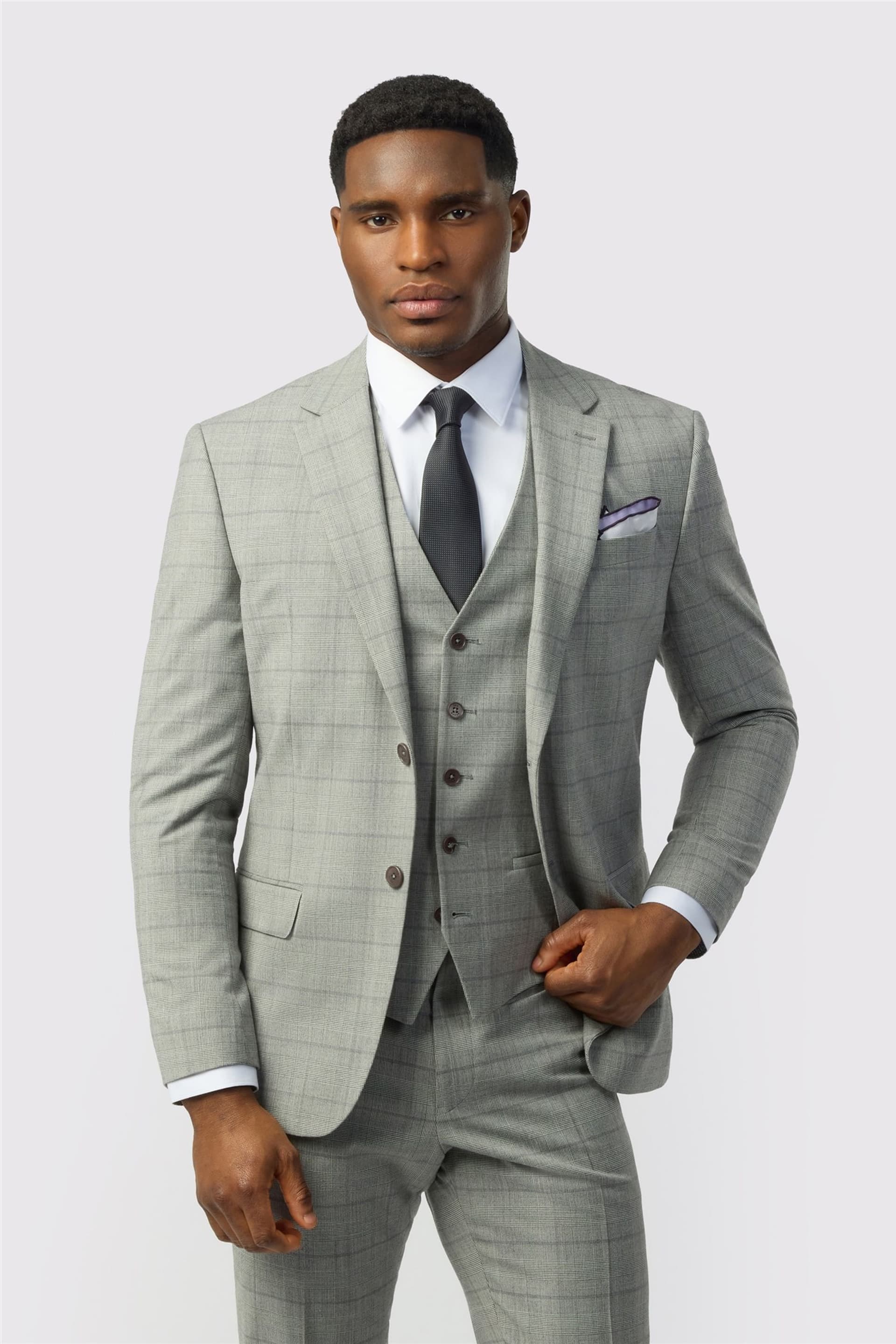 Ted Baker Ted Baker Men's Single Breasted Two Button Checked Slim Fit Suit Jacket in Silver