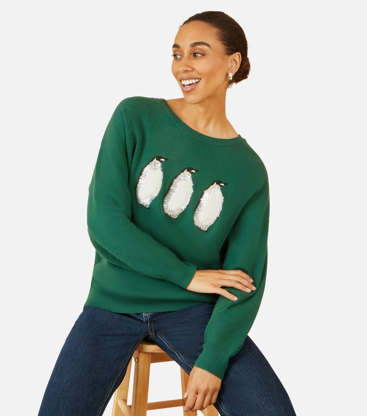 Yumi Women's Dark Green Penguin Jumper Yumi New Look