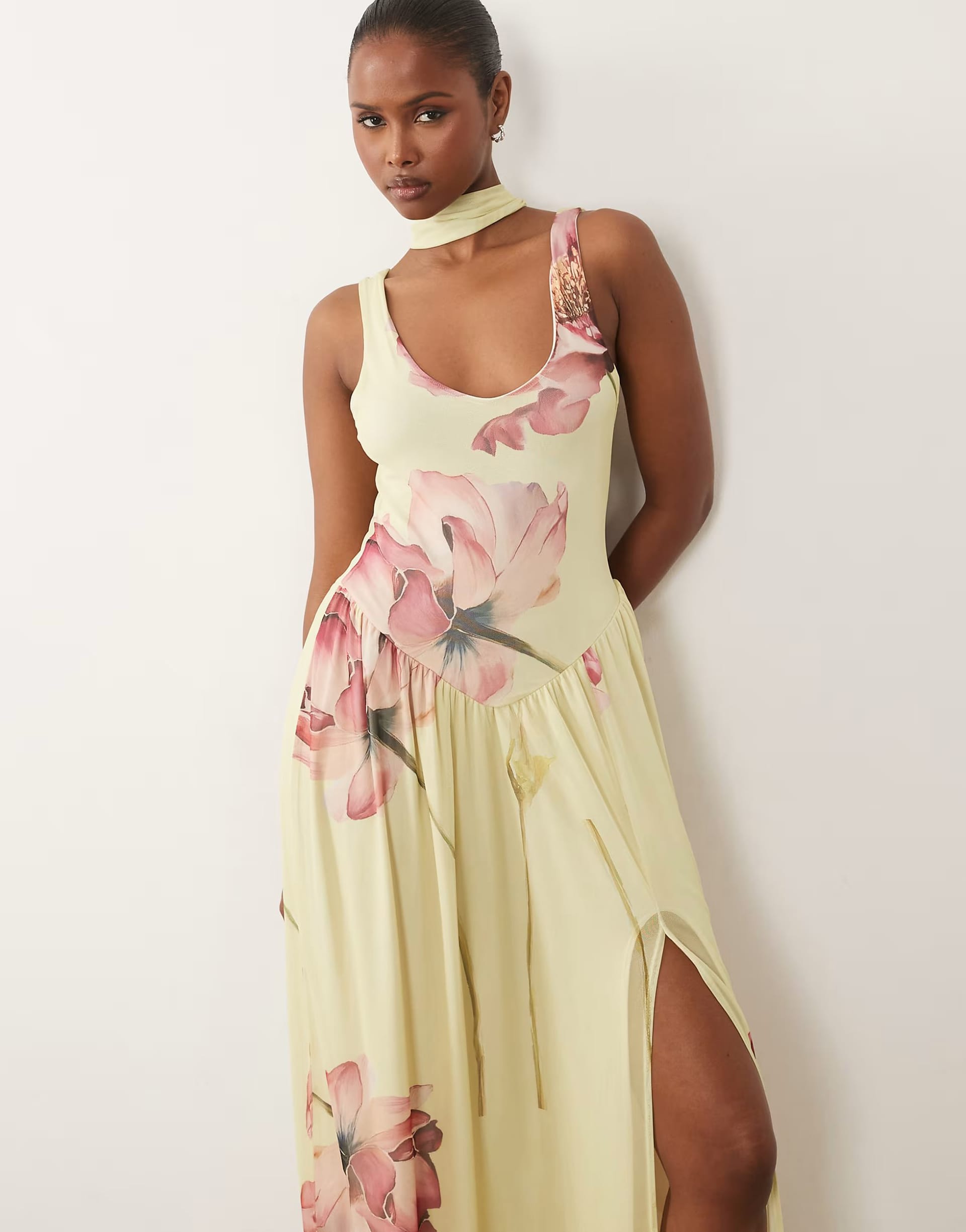 ASOS Yellow Floral Print Maxi Dress with Scarf Detail