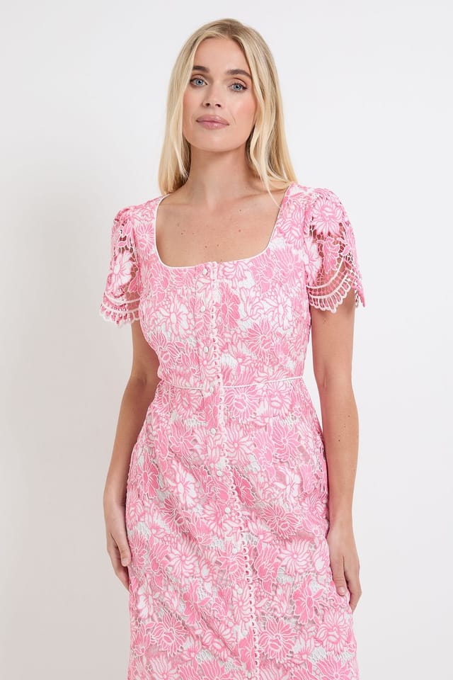Wallis Wallis Women's Petite Contrast Lace Button Midi Dress in Pink - 2