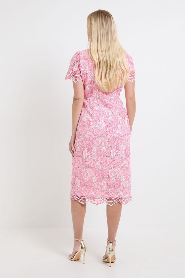 Wallis Wallis Women's Petite Contrast Lace Button Midi Dress in Pink - 3