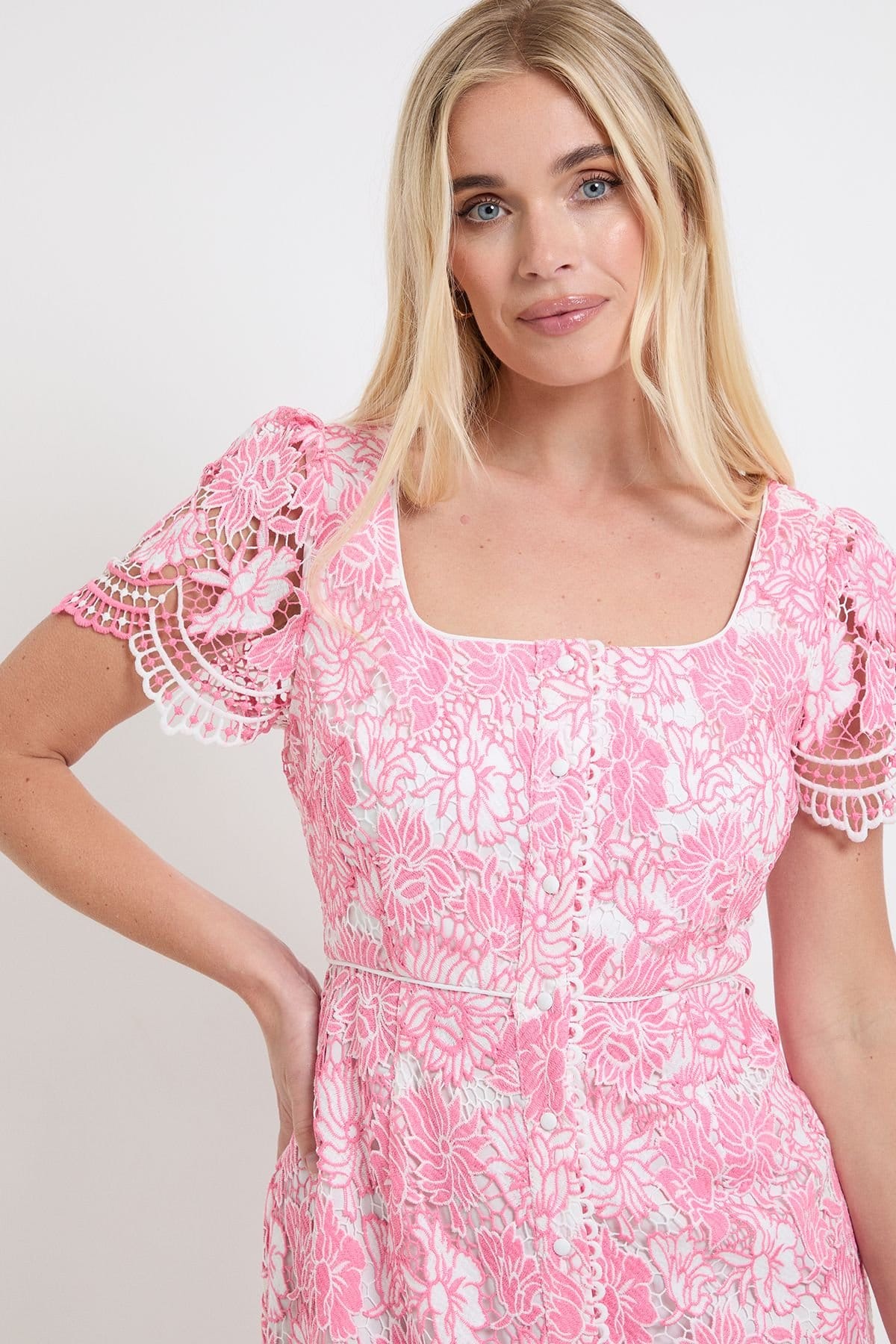 Wallis Wallis Women's Petite Contrast Lace Button Midi Dress in Pink - 4
