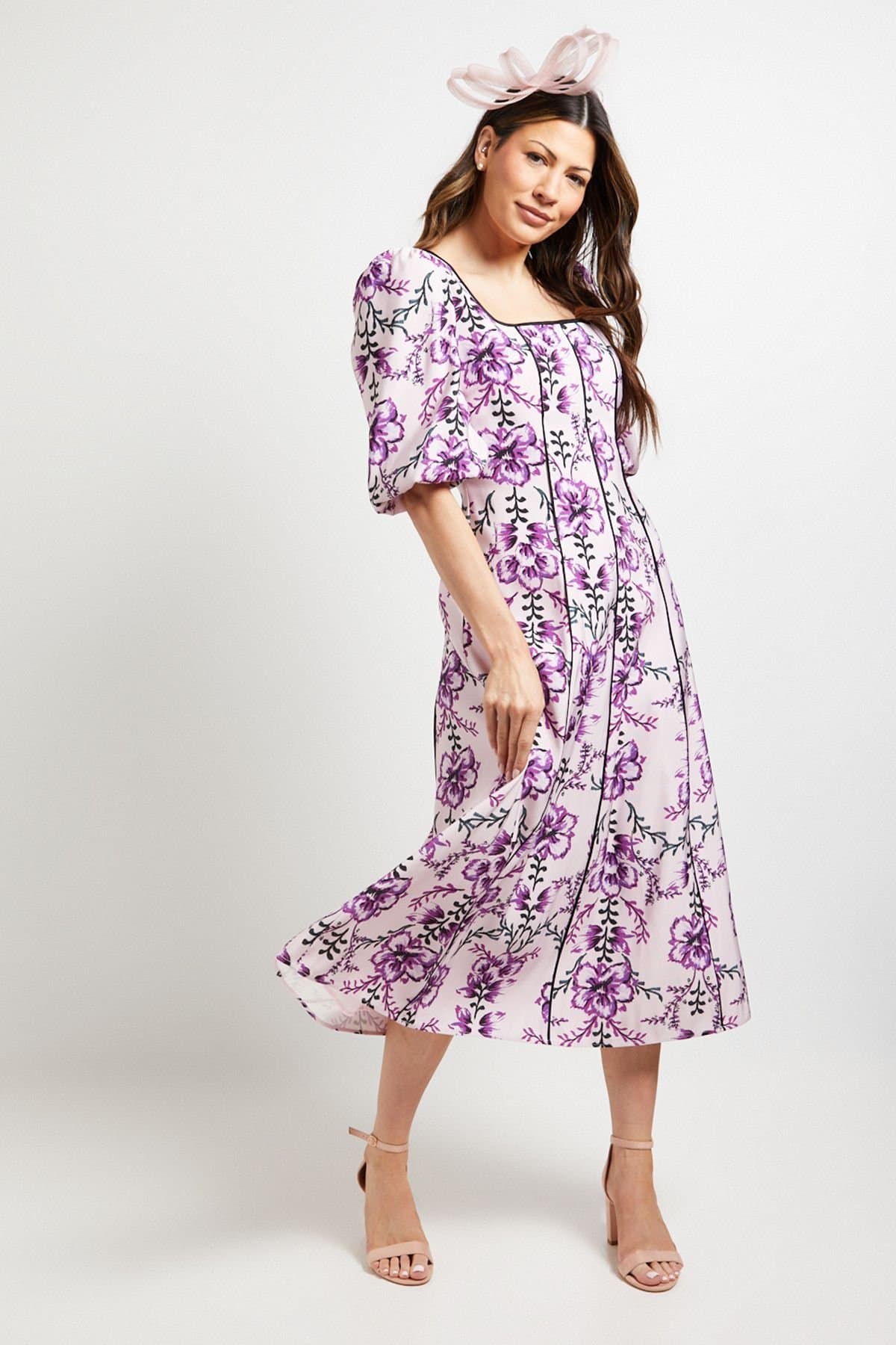 Wallis Wallis Women's Floral Contrast Ottoman Twill Midi Dress in Pink