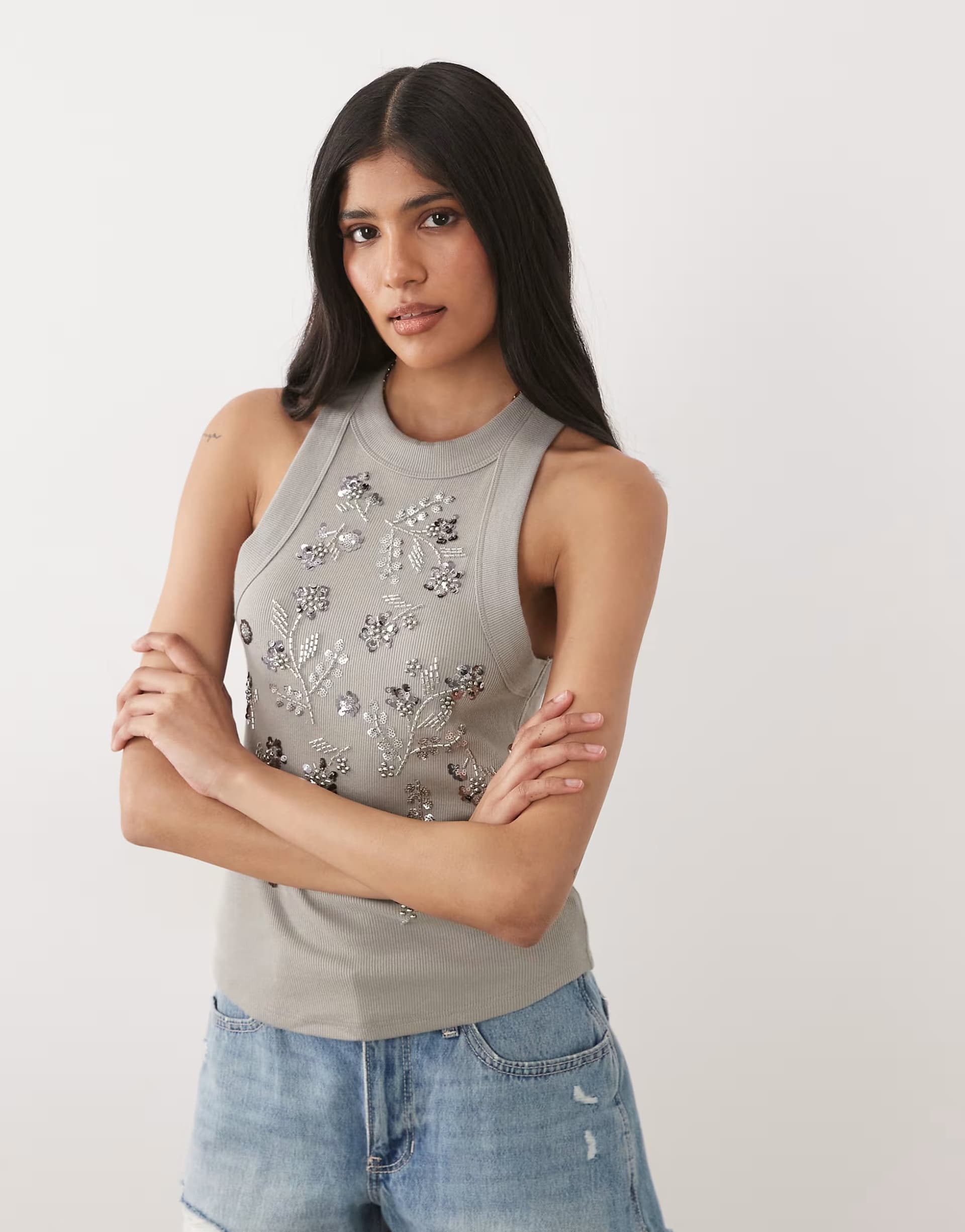 ASOS Miss Selfridge festival embellished racer vest top in sage