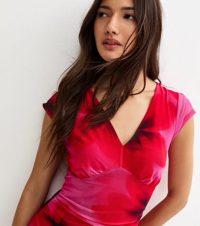New Look Women's Red Large Floral Print V-Neck Mesh Mini Dress New Look - 2