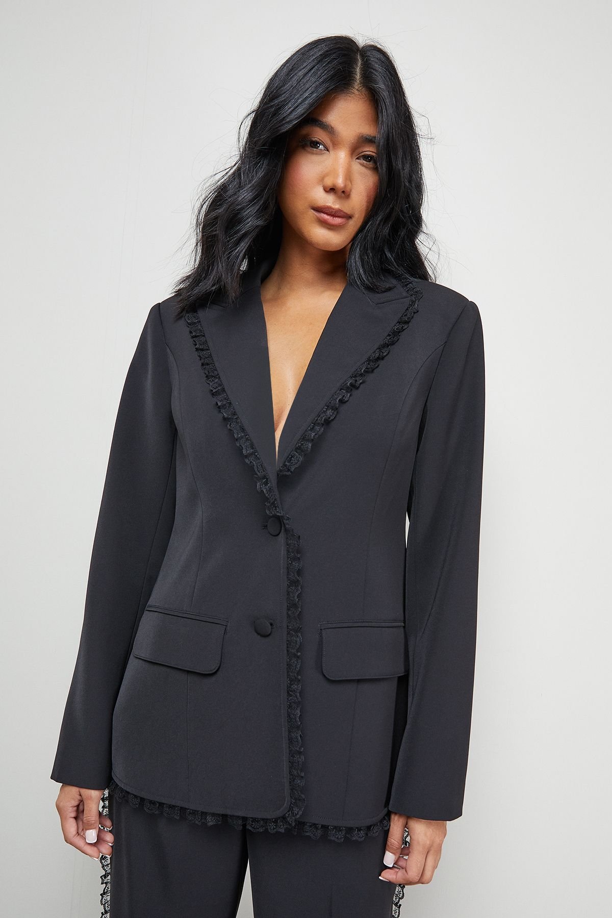 Warehouse Warehouse Women's Oversized Lace Frill Trim Single Breasted Blazer in Black - 2