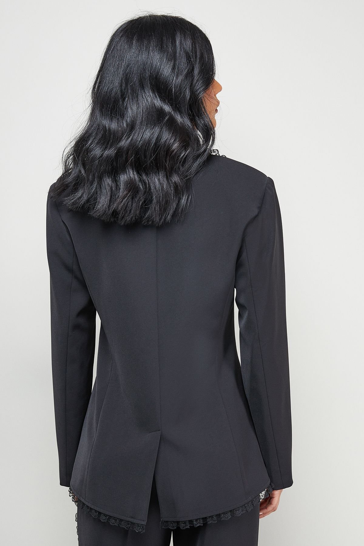 Warehouse Warehouse Women's Oversized Lace Frill Trim Single Breasted Blazer in Black - 3