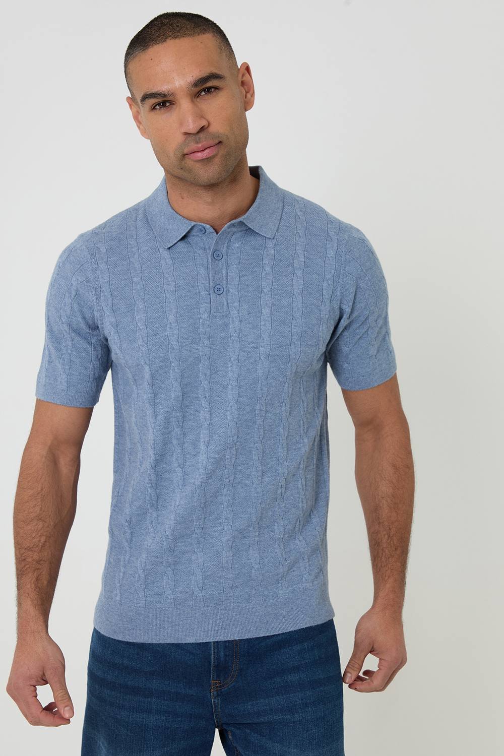 Threadbare Threadbare Men's Cable Stripe Knitted Button Polo in Blue - 3