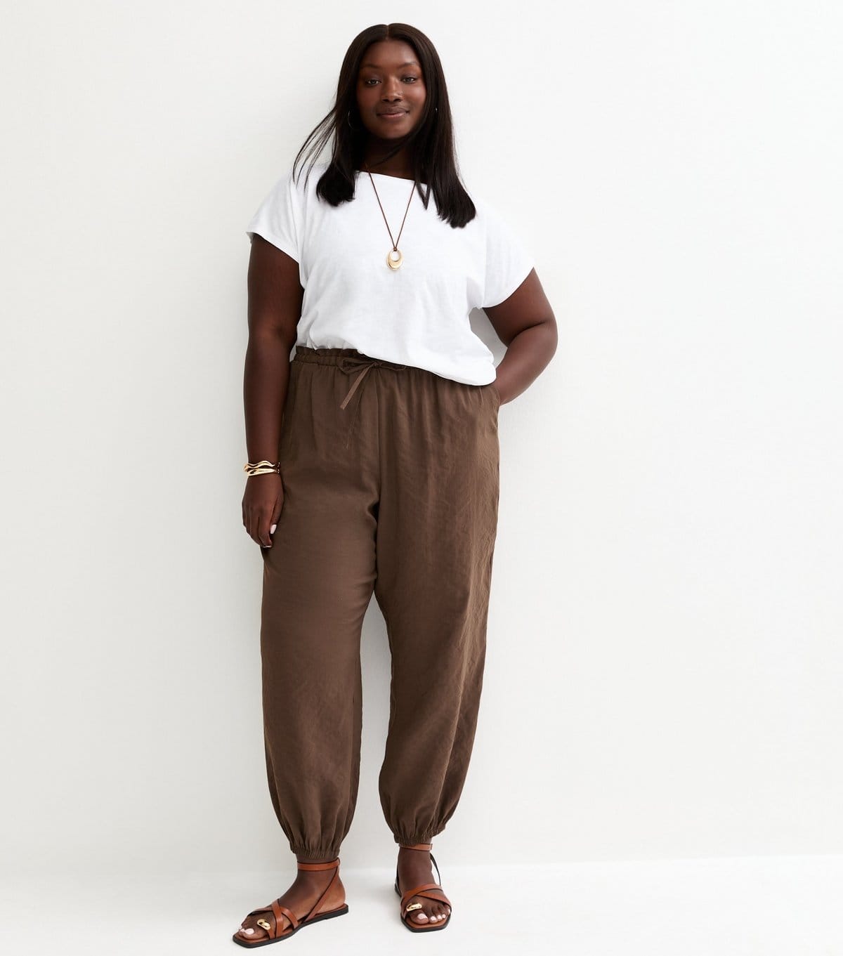 New Look Plus Size Dark Brown Drawstring Waist Joggers