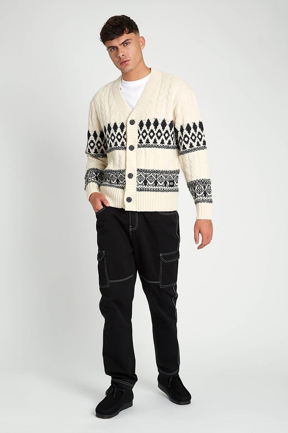 Native Youth Native Youth Men's Cable Knit Fairisle V-Neck Button Long Sleeve Cardigan in Off-White - 4