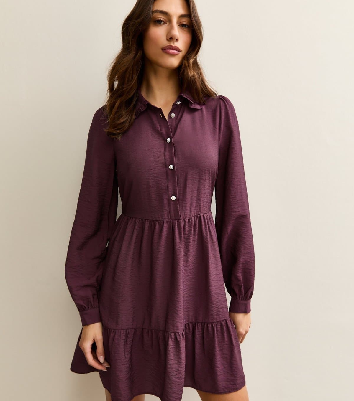 New Look Women's Tall Dark Purple Tiered Long Sleeve Shirt Mini Dress New Look