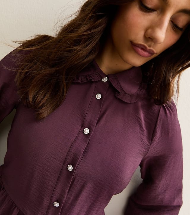 New Look Women's Tall Dark Purple Tiered Long Sleeve Shirt Mini Dress New Look - 2
