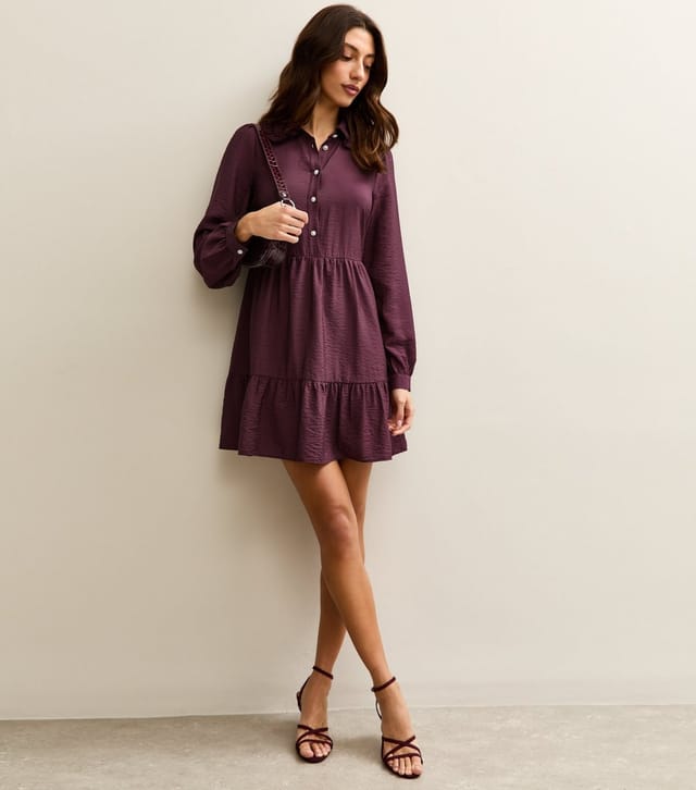 New Look Women's Tall Dark Purple Tiered Long Sleeve Shirt Mini Dress New Look - 3