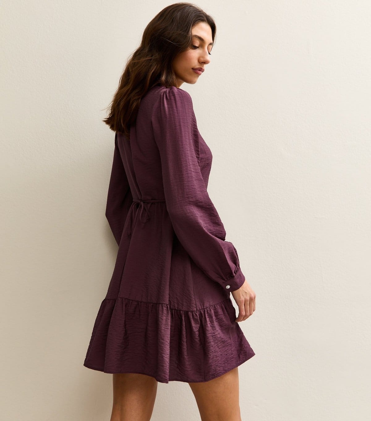 New Look Women's Tall Dark Purple Tiered Long Sleeve Shirt Mini Dress New Look - 4