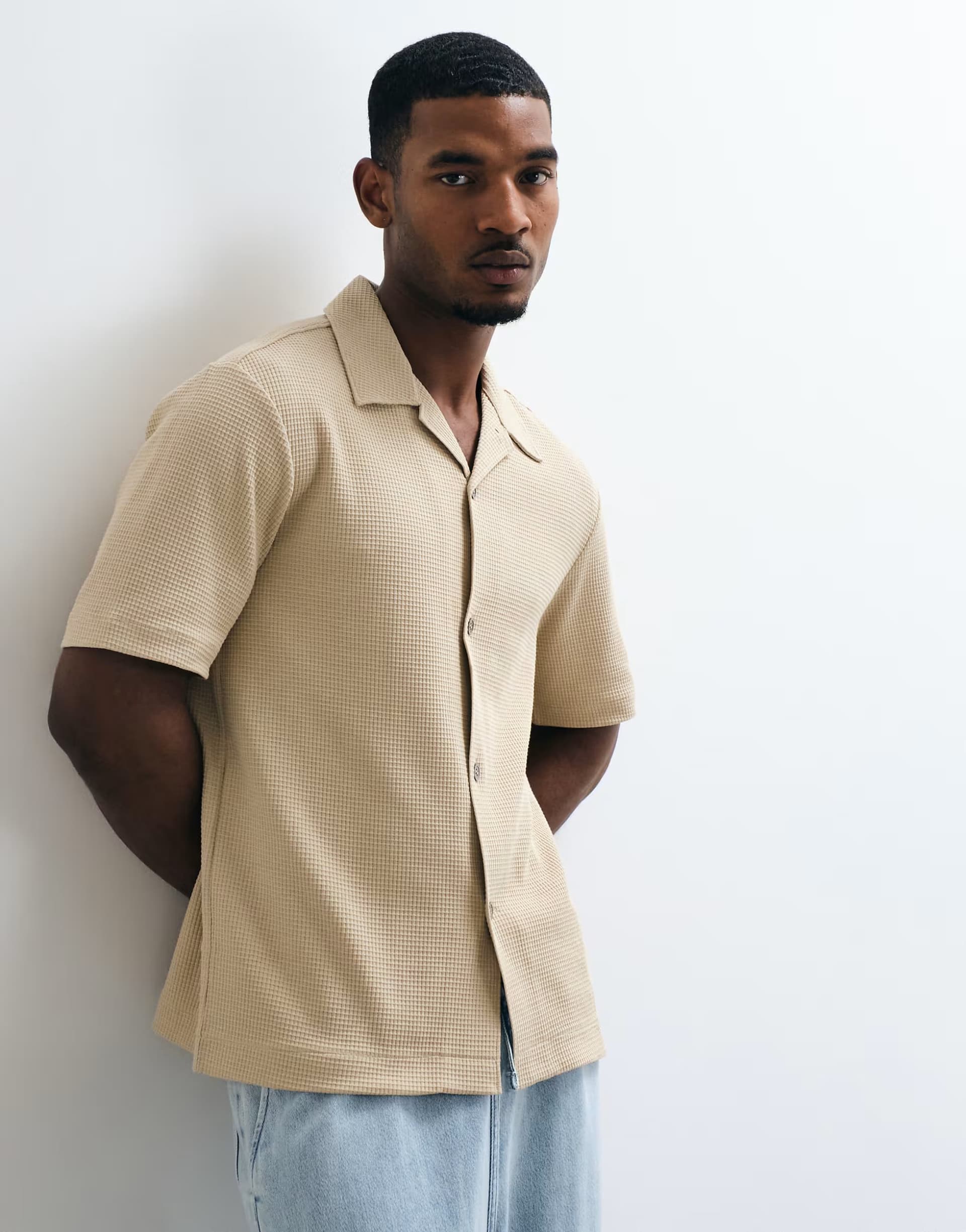 ASOS ARKET waffle jersey short sleeve shirt in beige