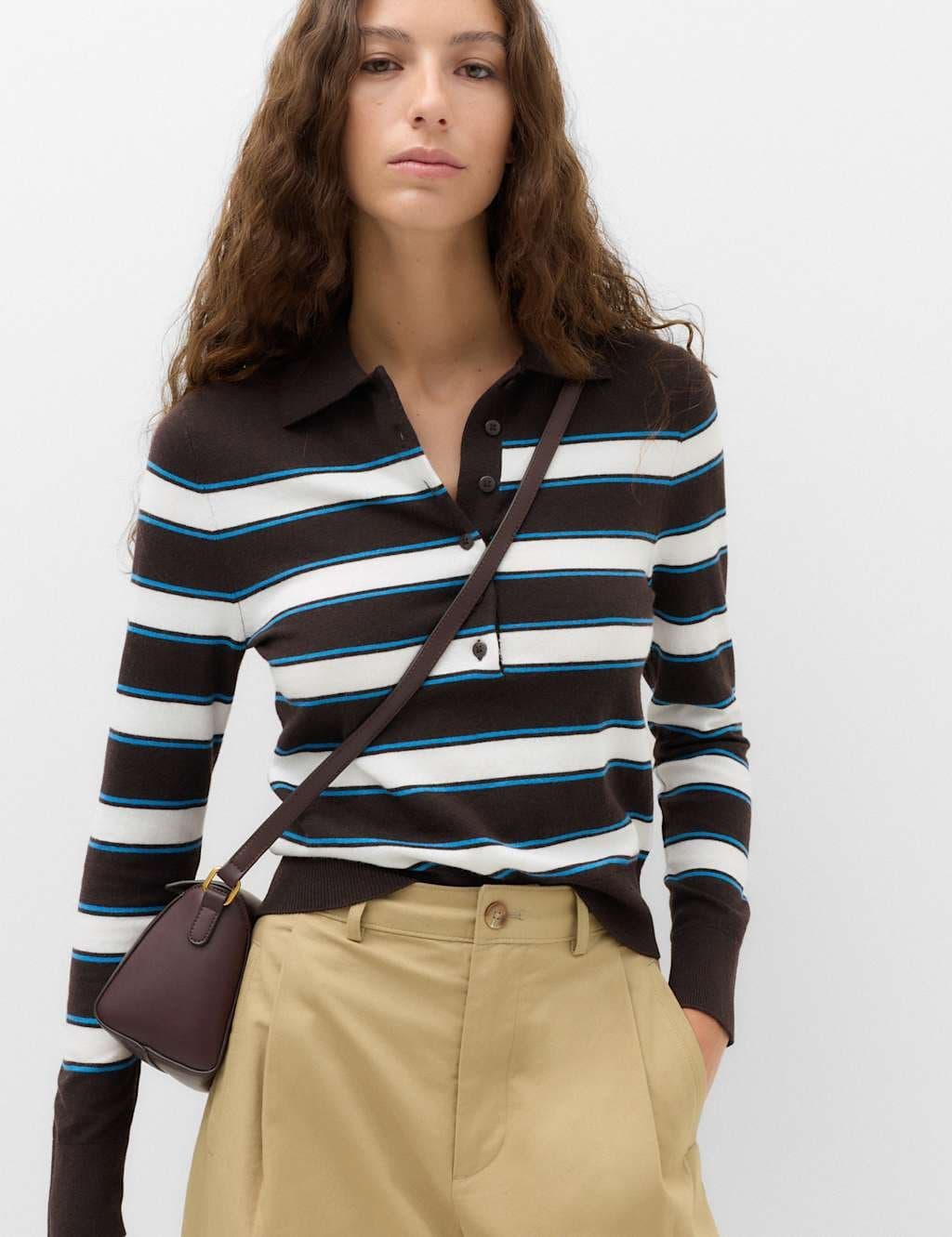 Marks & Spencer M&S Collared Striped Slim Jumper with Wool Bitter Chocolate