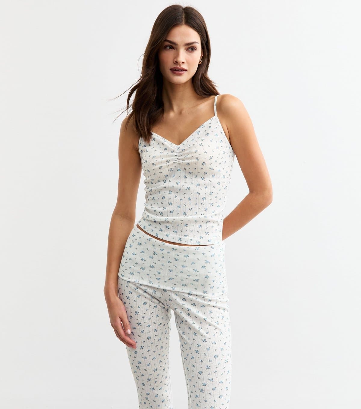 New Look Women's White Ditsy Print Foldover Waist Cami Set New Look