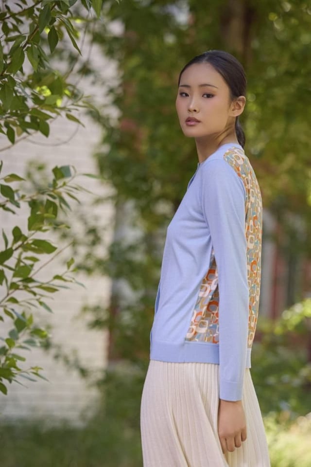 Denner Cashmere Denner Cashmere Women's Silk Blend Printed Back Cardigan in Pale Blue - 2