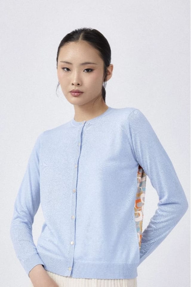 Denner Cashmere Denner Cashmere Women's Silk Blend Printed Back Cardigan in Pale Blue - 3