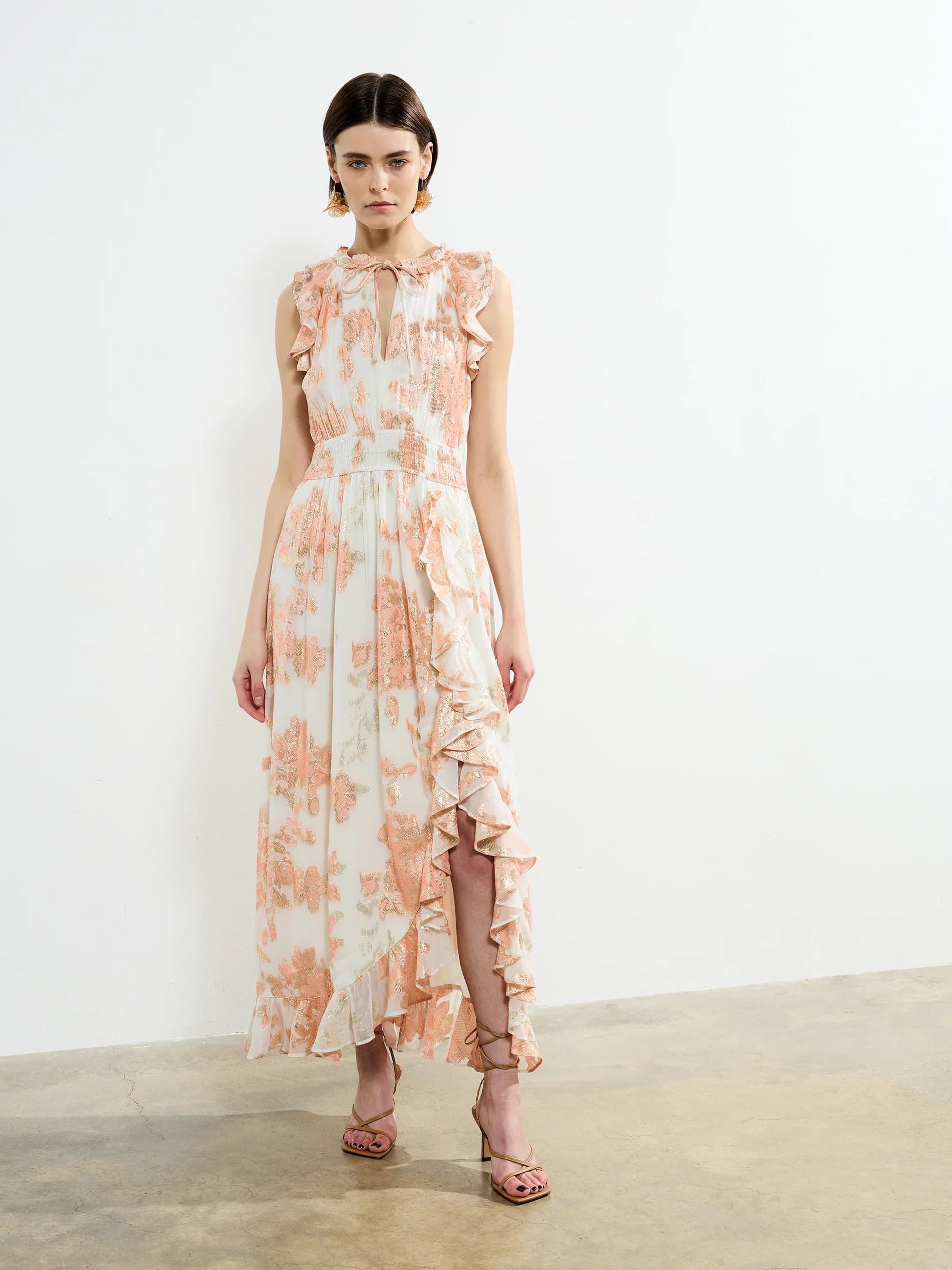 French Connection Elko Jacquard Fluted Midi Dress Ballet Pink Multi