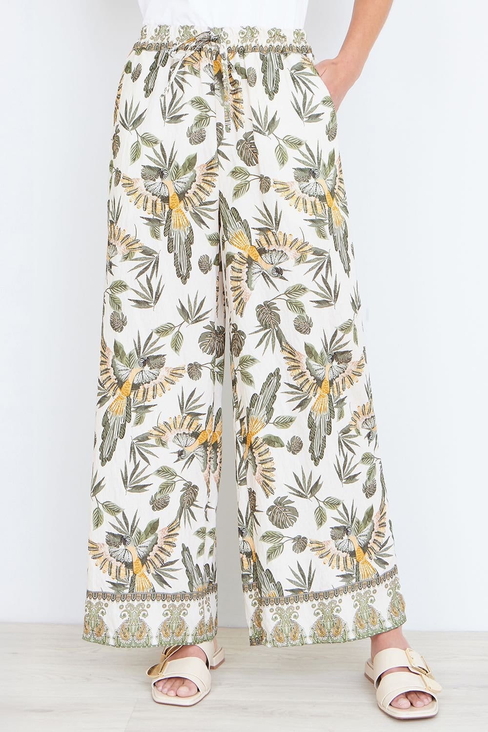 Yumi Cream Bird Print Viscose Wide Leg Trousers