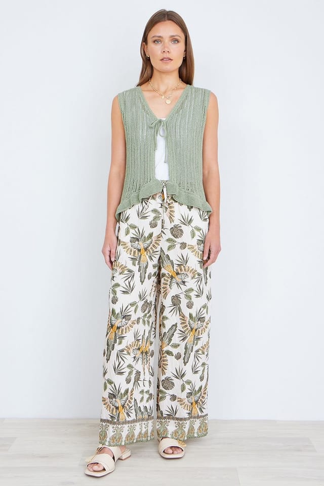 Yumi Yumi Women's Bird Print Viscose Wide Leg Trousers in Cream - 2