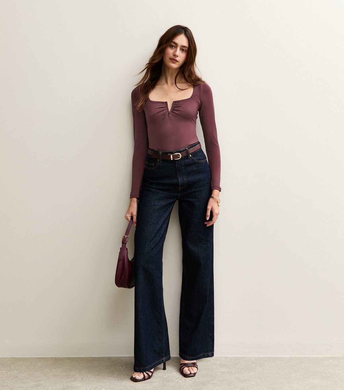 New Look Women's Dark Purple Jersey Notch Neck Long Sleeve Bodysuit New Look - 2