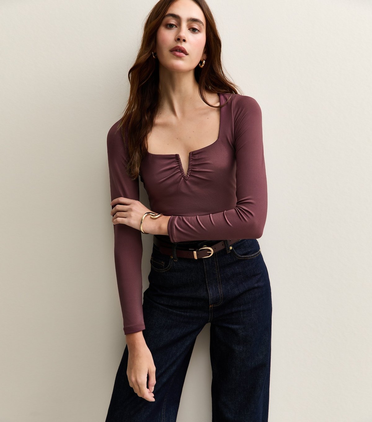 New Look Women's Dark Purple Jersey Notch Neck Long Sleeve Bodysuit New Look - 3