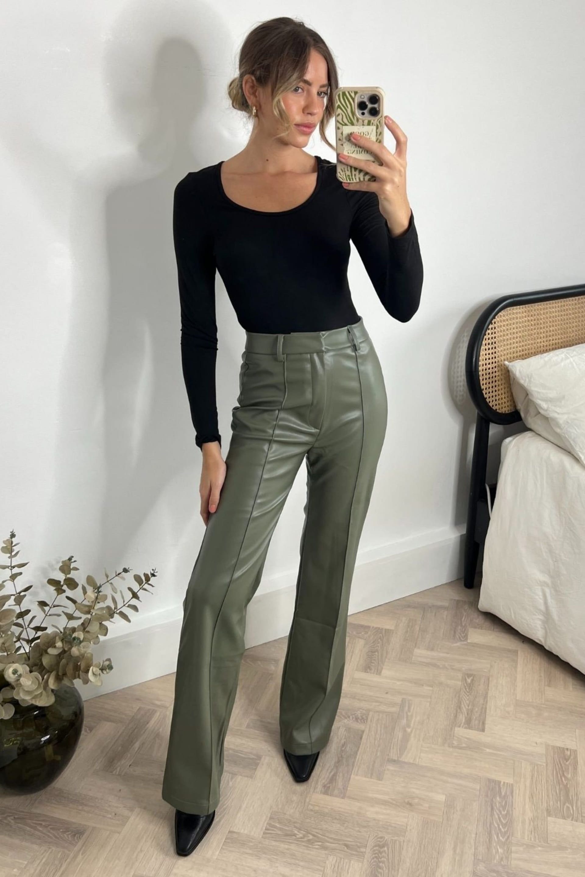 Style Cheat Women's Alyssa PU Flare Trouser / Olive PU in Green
