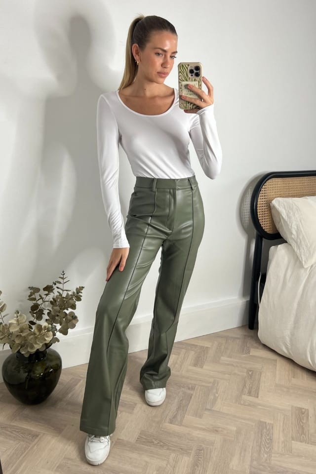 Style Cheat Style Cheat Women's Alyssa PU Flare Trouser / Olive PU in Green - 2