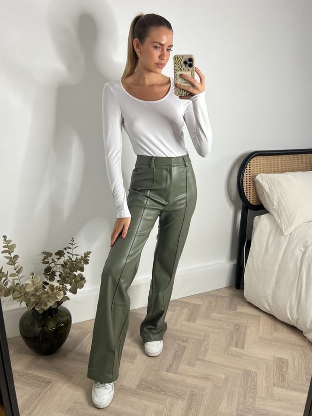 Style Cheat Style Cheat Women's Alyssa PU Flare Trouser / Olive PU in Green - 3