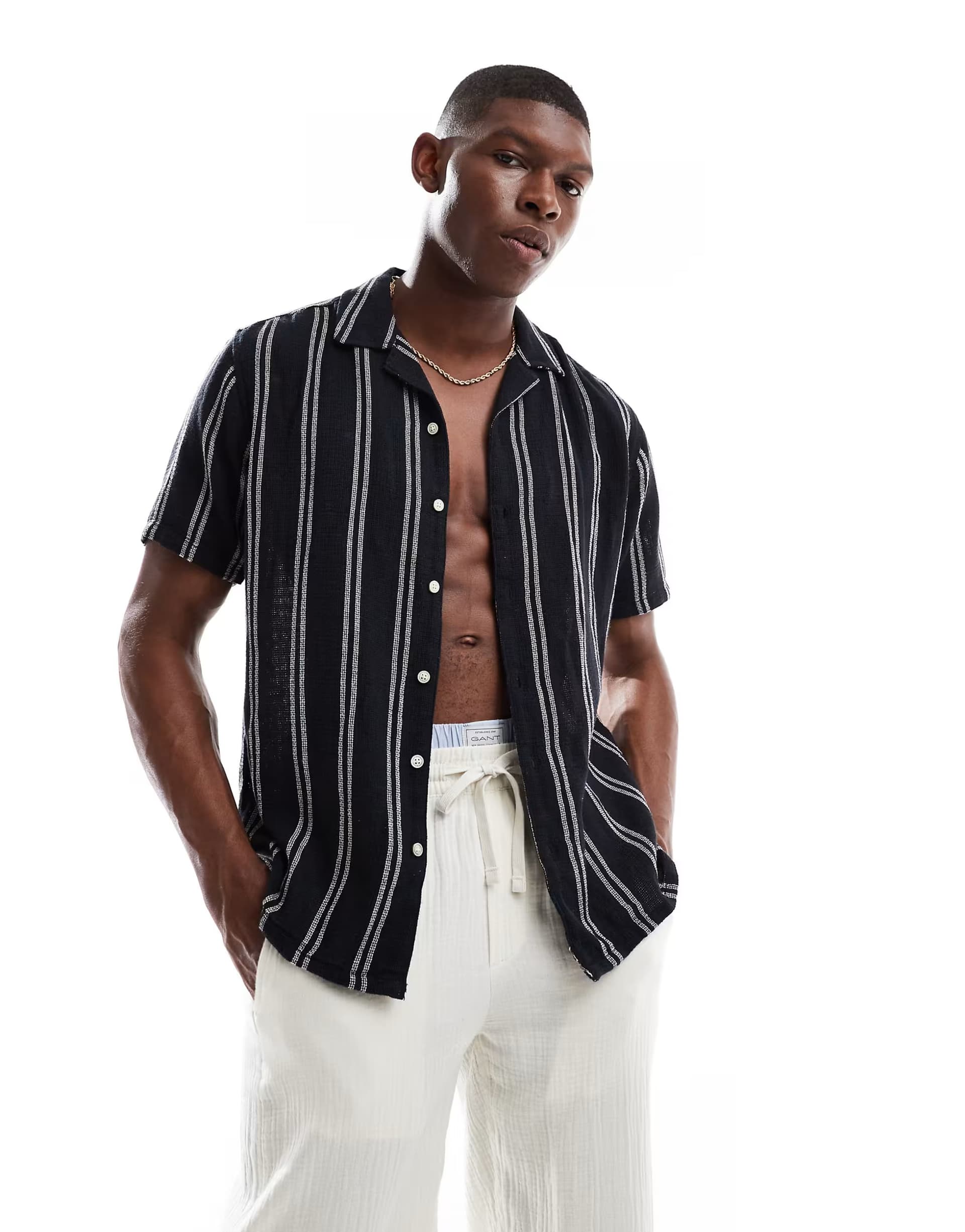 ASOS ONLY & SONS textured revere collar shirt in navy stripe