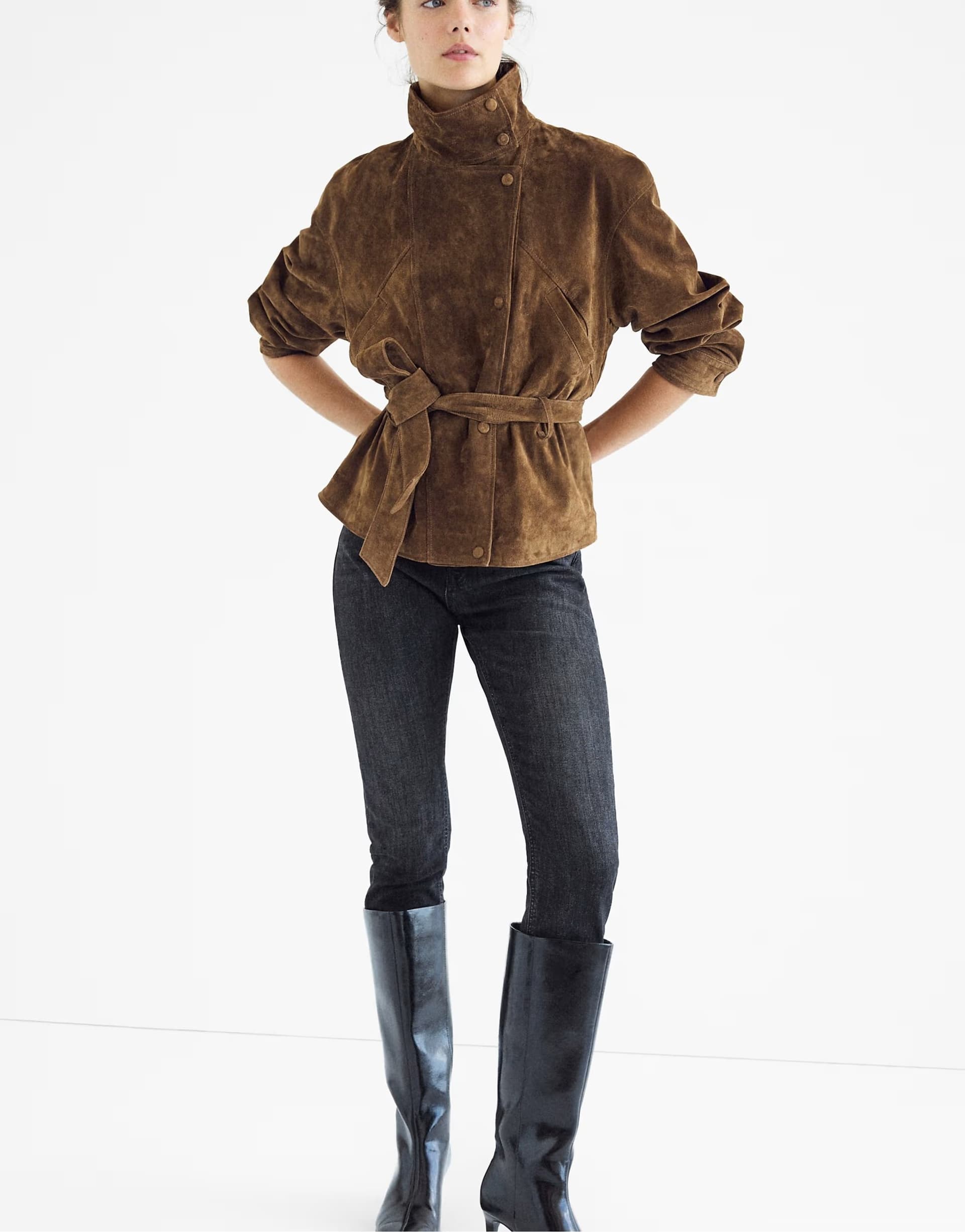 ASOS Stradivarius Leather high neck trench coat with belt in brown