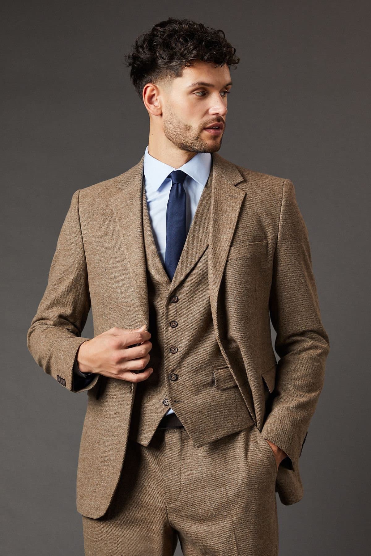 Burton Burton Men's Light Brown Tweed Look Tailored Fit Suit Jacket in Neutral