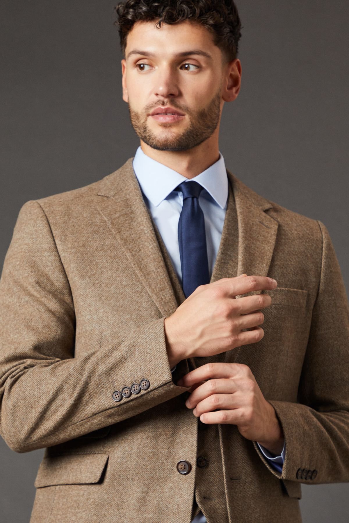 Burton Burton Men's Light Brown Tweed Look Tailored Fit Suit Jacket in Neutral - 3