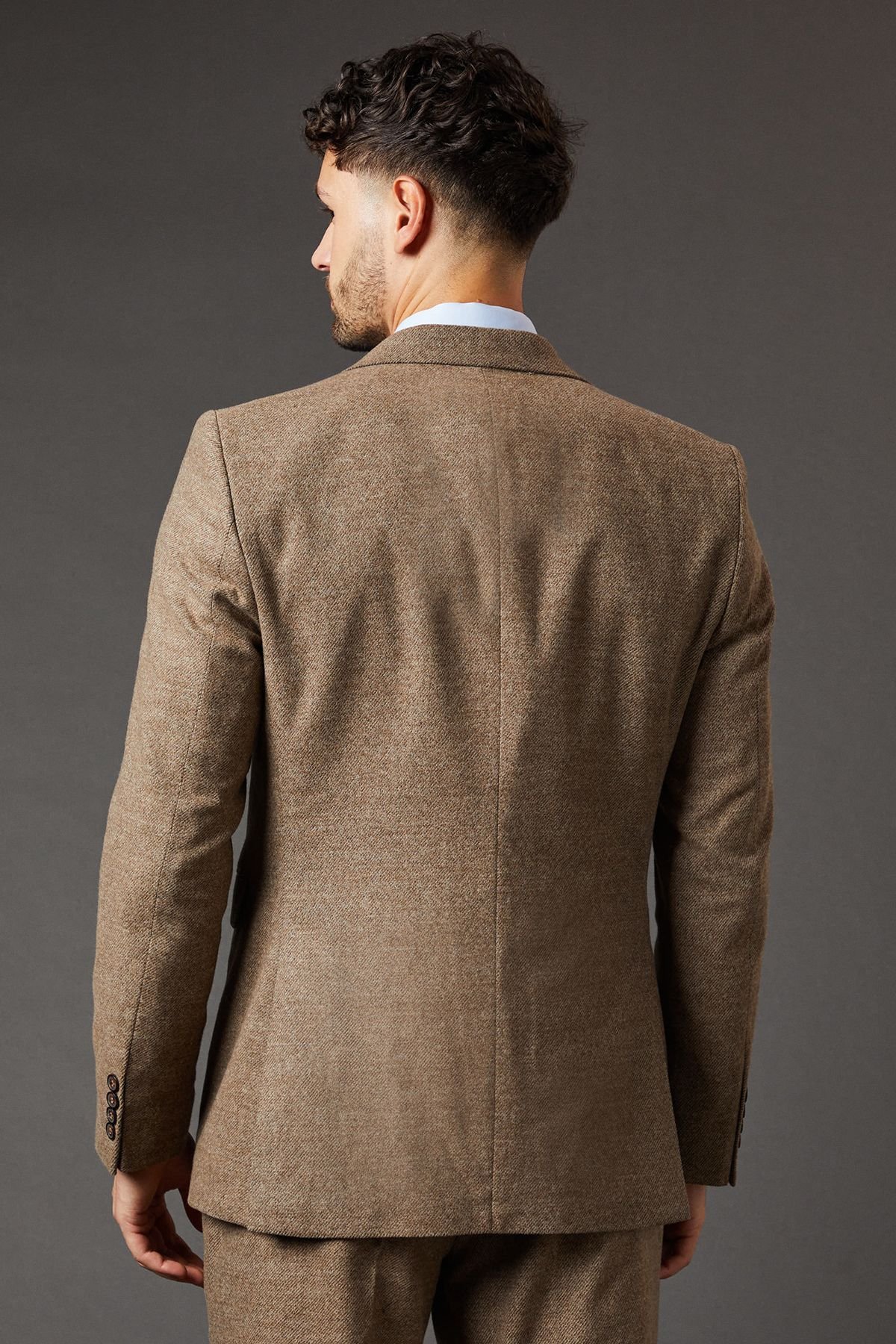 Burton Burton Men's Light Brown Tweed Look Tailored Fit Suit Jacket in Neutral - 4