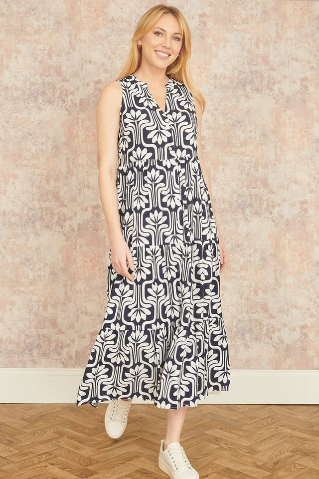 Yumi Yumi Women's Navy Retro Print Relaxed Midi Dress - 2