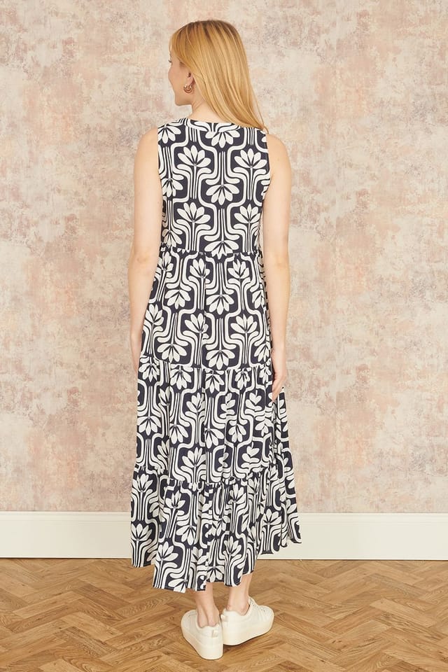 Yumi Yumi Women's Navy Retro Print Relaxed Midi Dress - 3