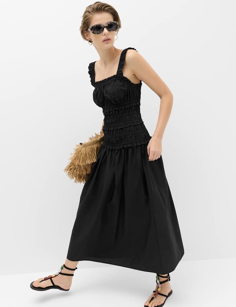 Marks & Spencer M&S Pure Cotton Shirred Midi Waisted Dress Black - 1