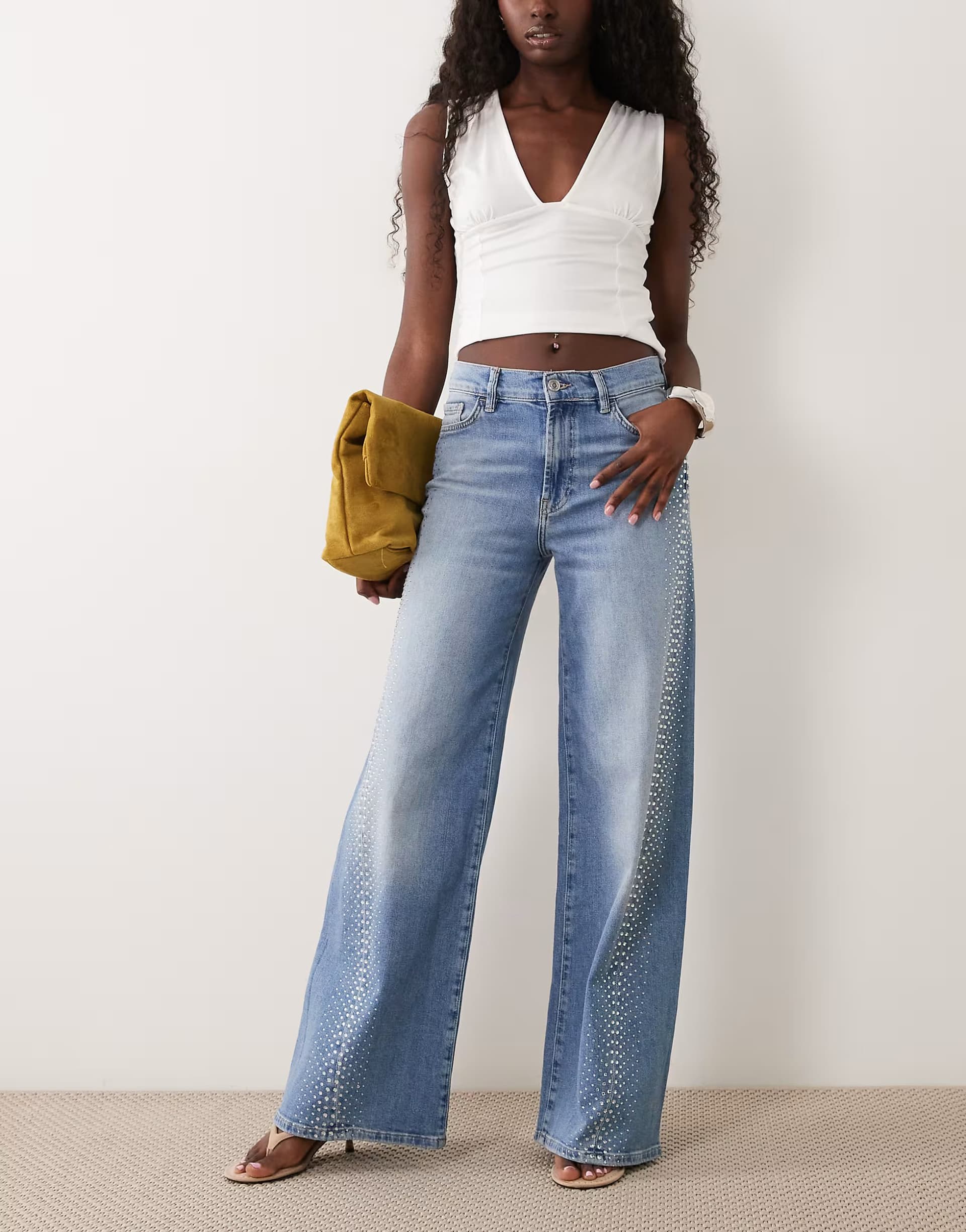 ASOS Mango Erin 100% cotton wide leg jean with embellished side in mid blue