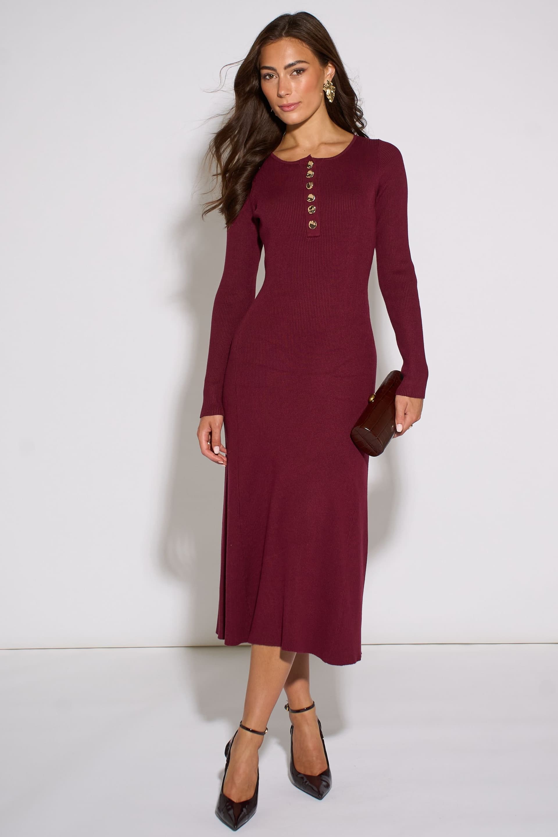 Gini London Gini London Women's Mulberry LS Gold Button Midi Dress in Burgundy
