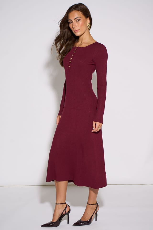 Gini London Gini London Women's Mulberry LS Gold Button Midi Dress in Burgundy - 3