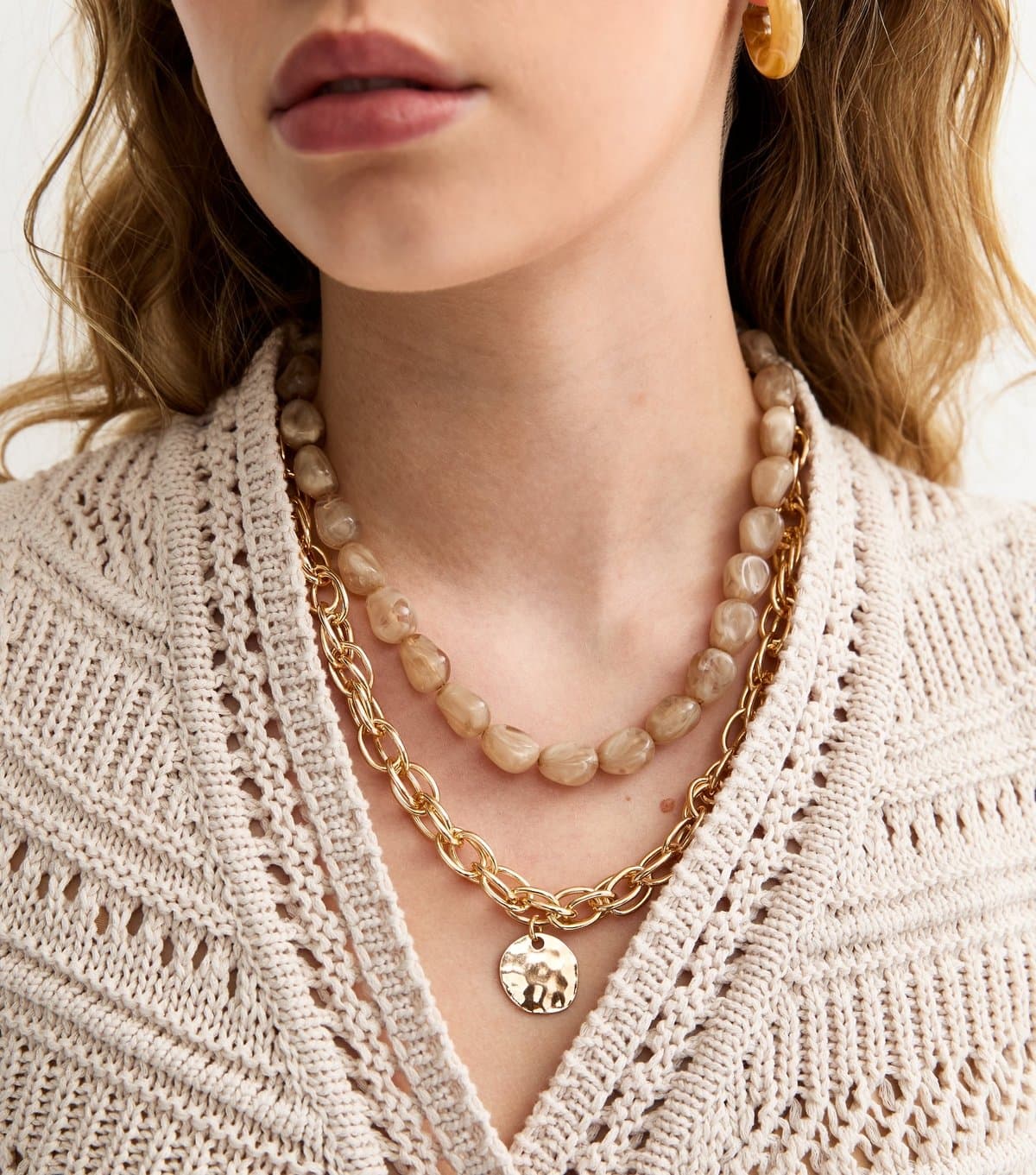 New Look Gold Tone Layered Resin Bead Coin Pendant Necklace New Look